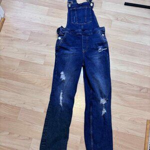 H&M Divided Blue Denim Distressed Bib Overalls Raw Hem Size 2